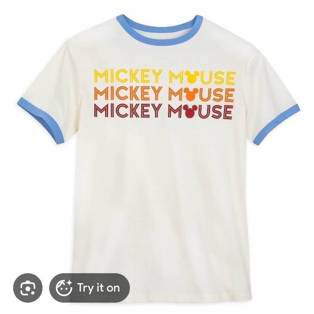 Disney Parks Mickey Mouse Ringer T Shirt XXL‎ Cream Blue Retro Stacked Logo NWT